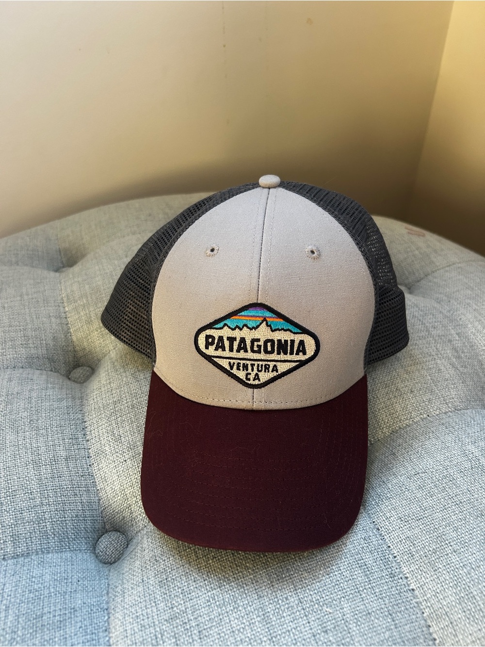 Patagonia Ventura CA Trucker Hat Snapback Gray Burgundy Mesh